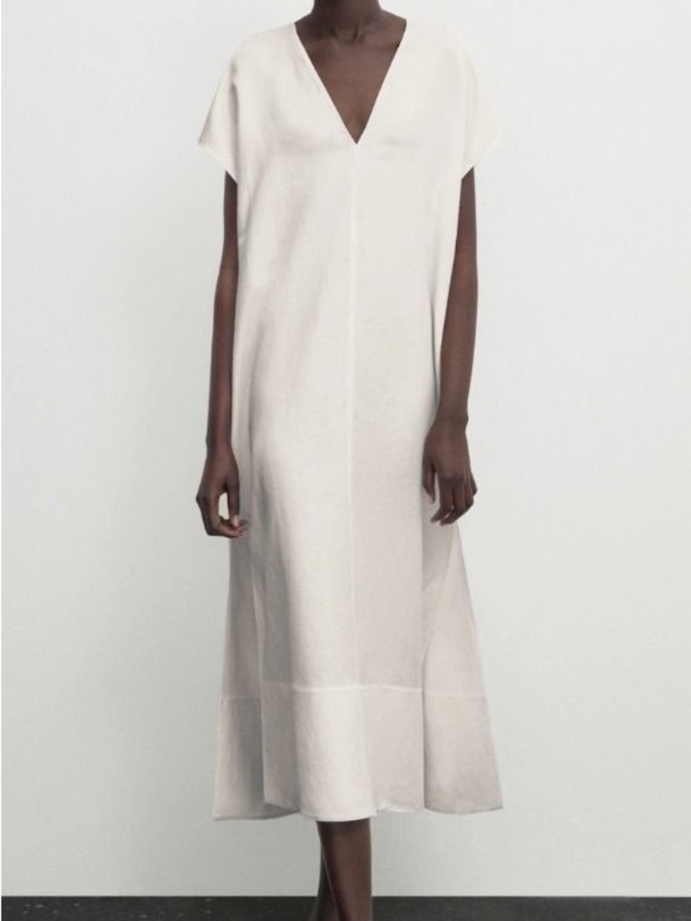 NWT MASSIMO DUTTI White Linen Cap Sleeve Minimalist V-Neck Midi Dress M/ L